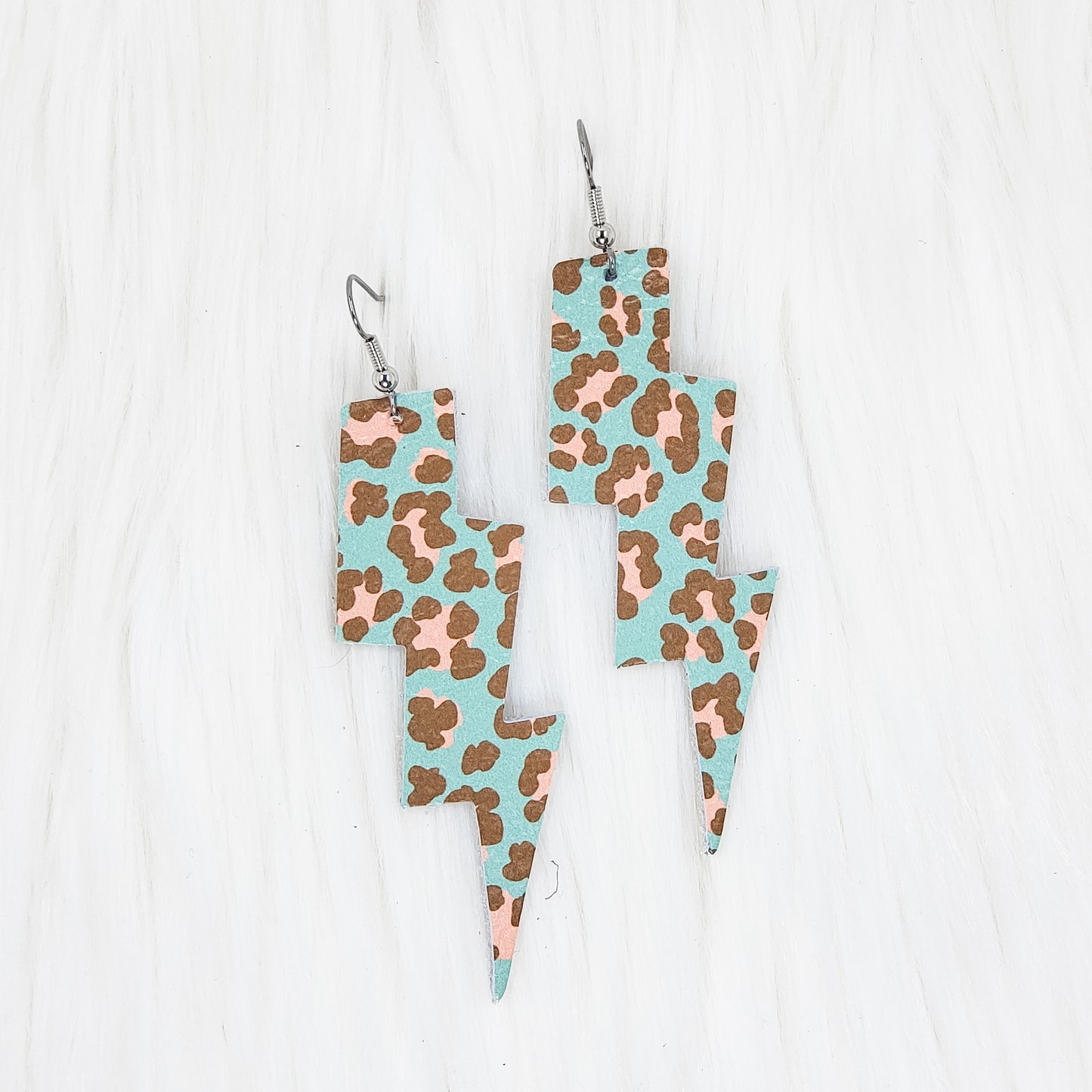 Mint & Pink Leopard Lightning Bolt Leather Earrings