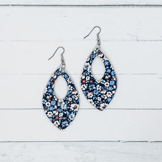 Patriotic Flowers Leather Open Teardrop Earrings