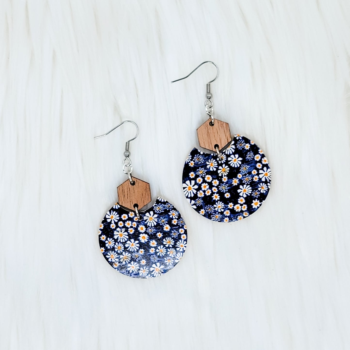 Shasta Daisies Semi Circle Leather Earrings