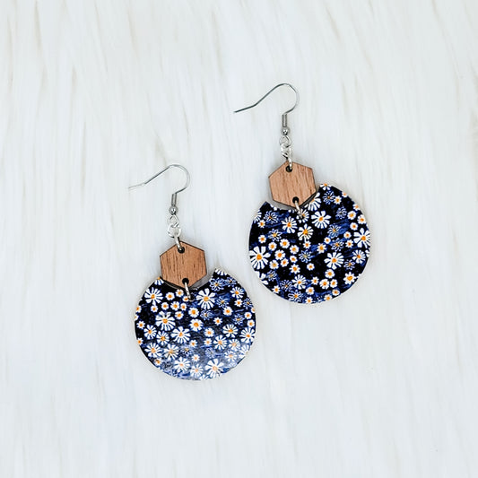 Shasta Daisies Semi Circle Leather Earrings