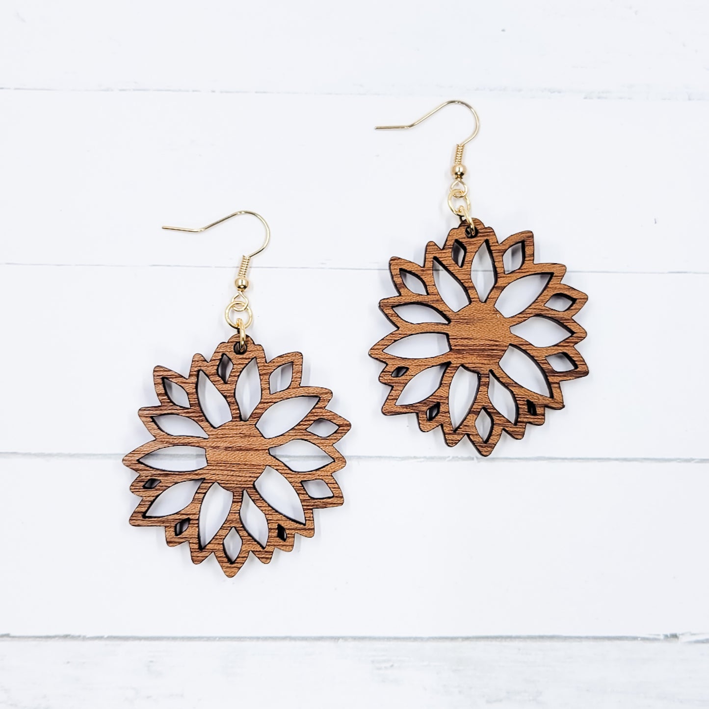 Intricate Sunflower Wooden Dangle Earrings