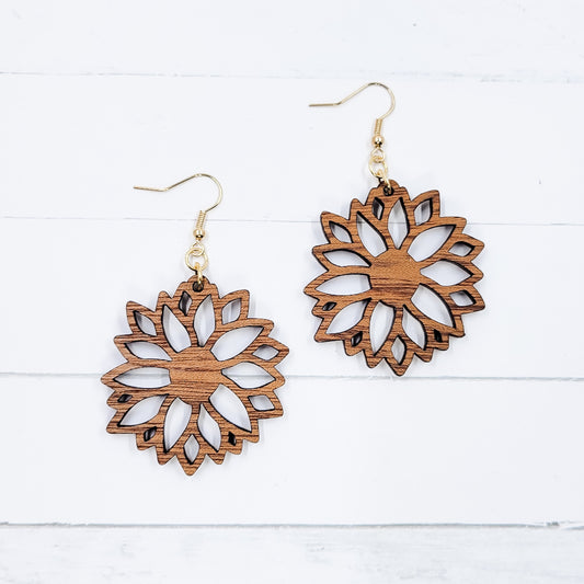 Intricate Sunflower Wooden Dangle Earrings
