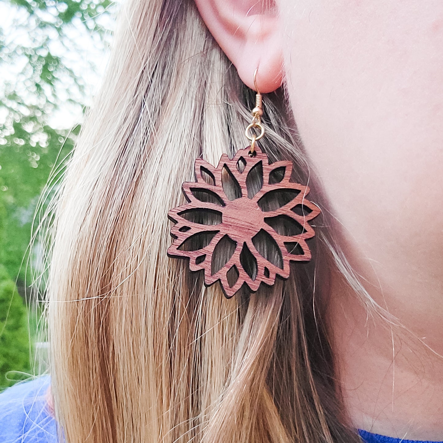 Intricate Sunflower Wooden Dangle Earrings