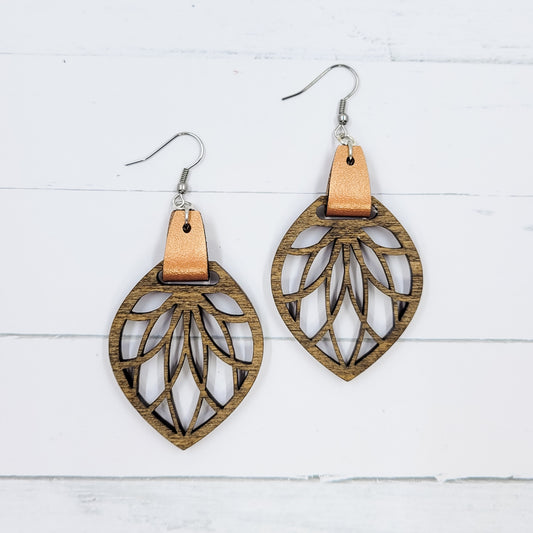 Walnut Stained Filigree Petal Dangle Earrings