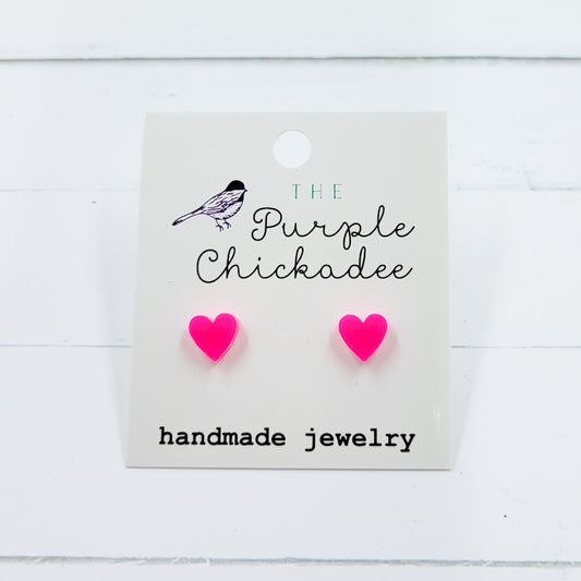 Itty Bitty Hot Pink Heart Acrylic Earrings - Titanium Hypoallergenic