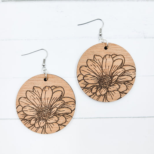 Engraved Zinnia Circle Wooden Dangle Earrings