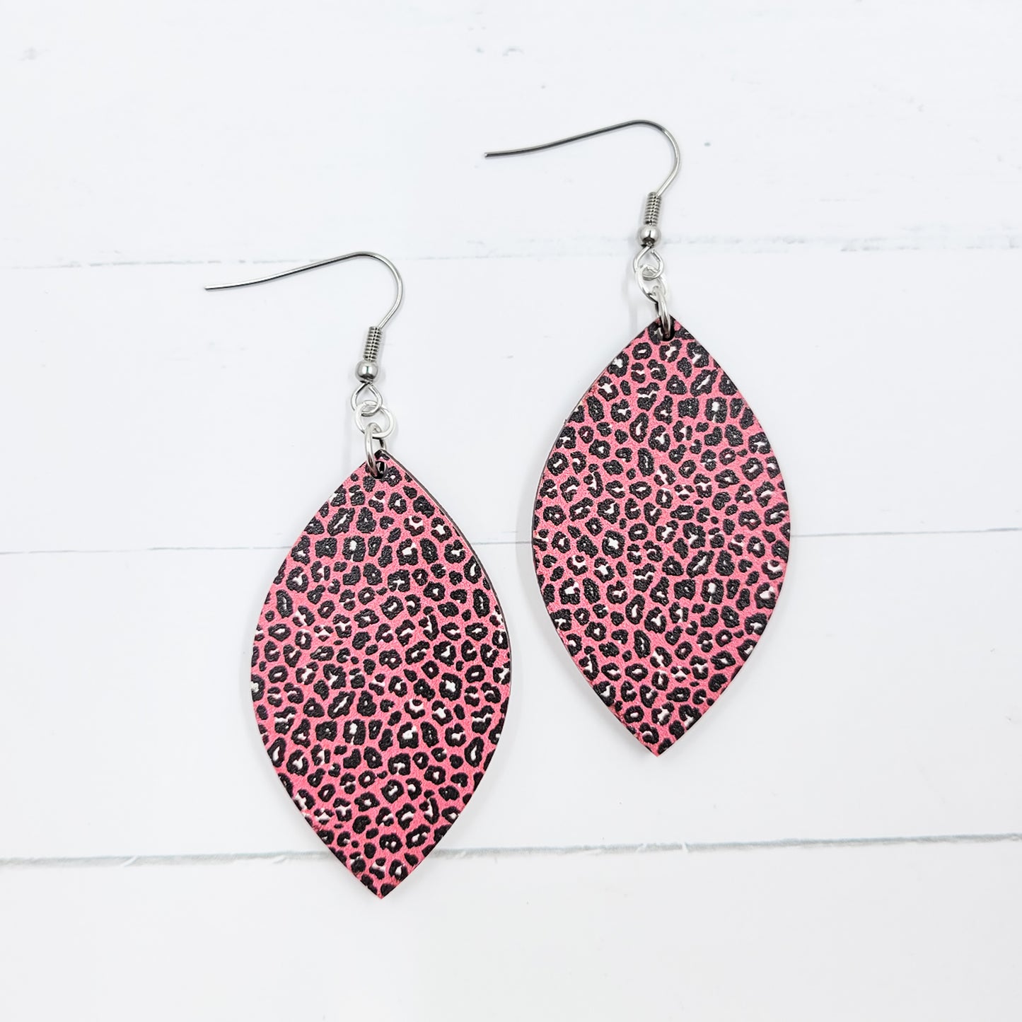 Mini Pink Leopard Pointed Petal Wooden Dangle Earrings