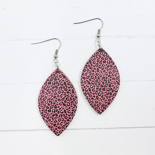 Mini Pink Leopard Pointed Petal Wooden Dangle Earrings