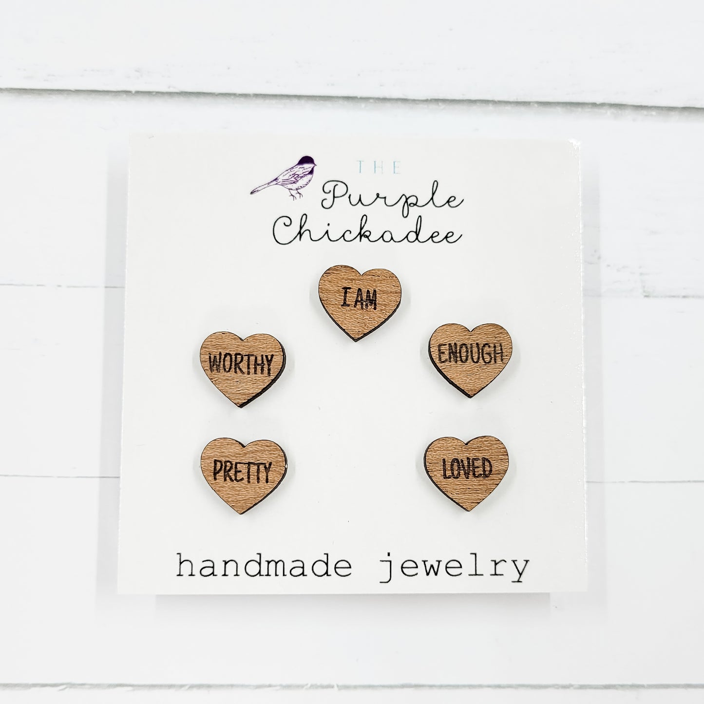 Wooden Heart Affirmation Stud Earrings - Hypoallergenic Titanium - 4 Pairs