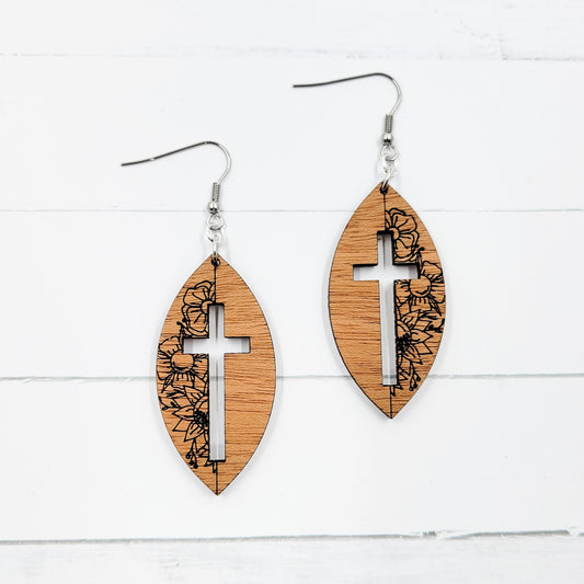 Half Floral Cross Wooden Dangle Earrings