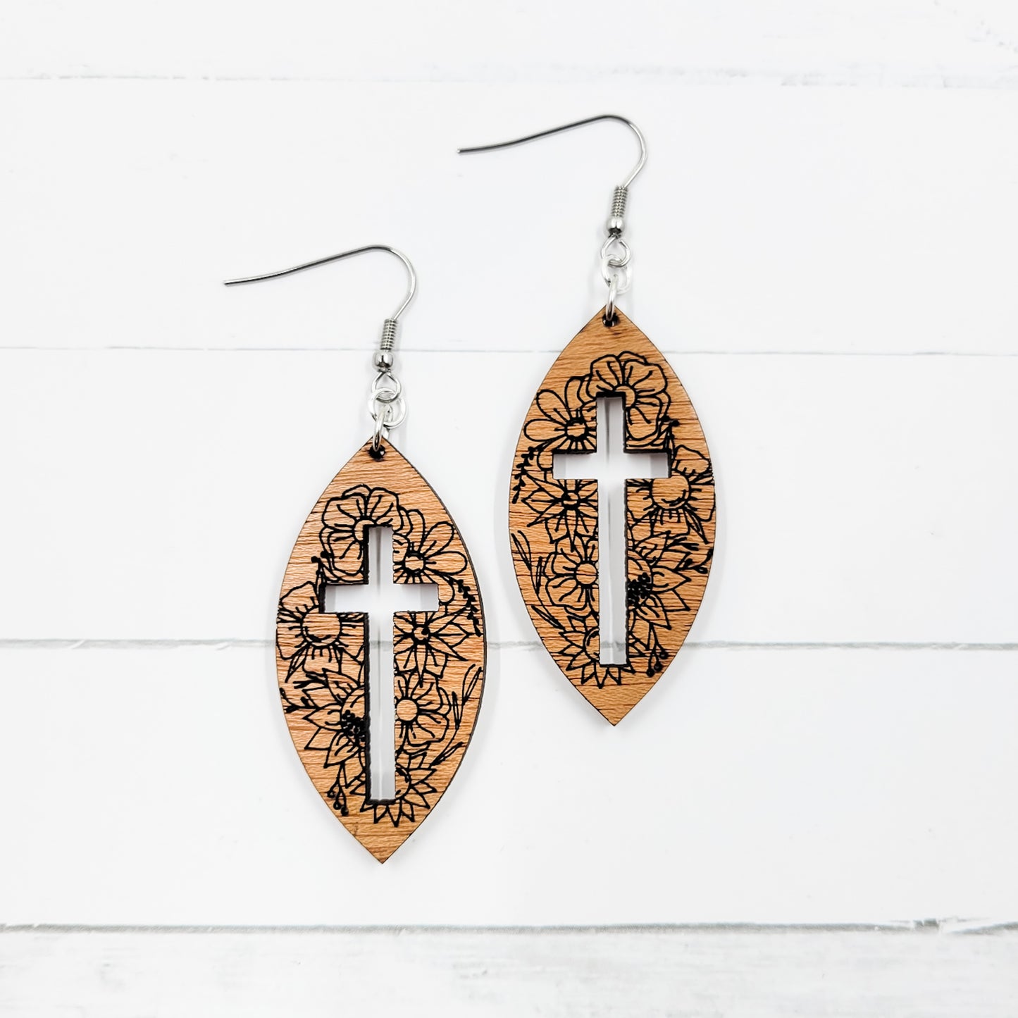 Full Floral Cross Wooden Dangle Earrings Active