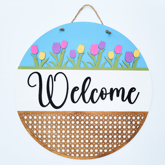 Handpainted Welcome Rattan Spring Door Hanger
