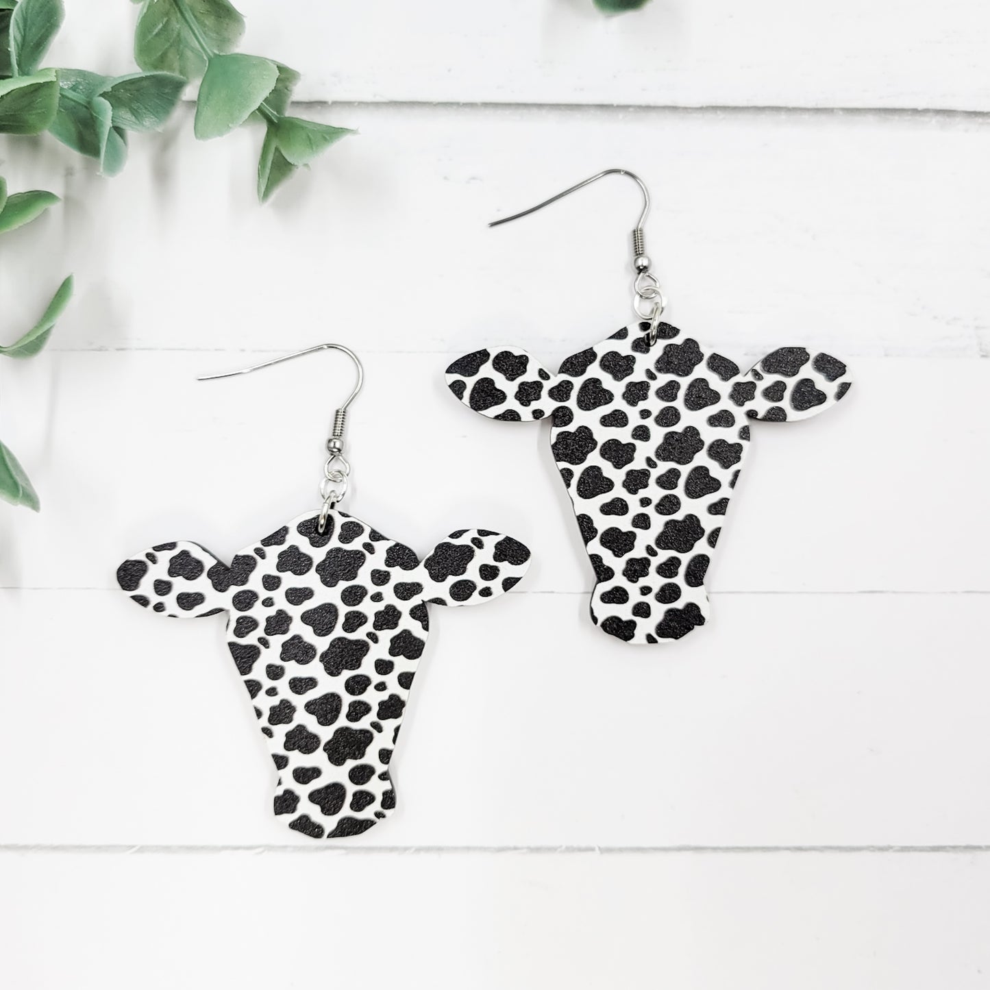 Black & White Cow Head Wooden Dangle Earrings