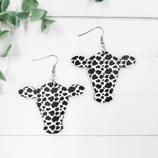 Black & White Cow Head Wooden Dangle Earrings