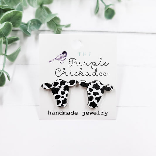 Black & White Cow Head Wooden Stud Earrings