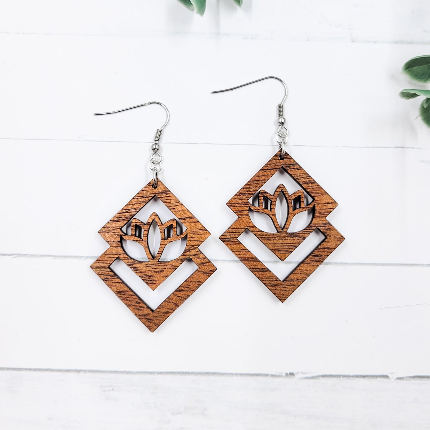 Diamond Lotus Wooden Dangle Earrings