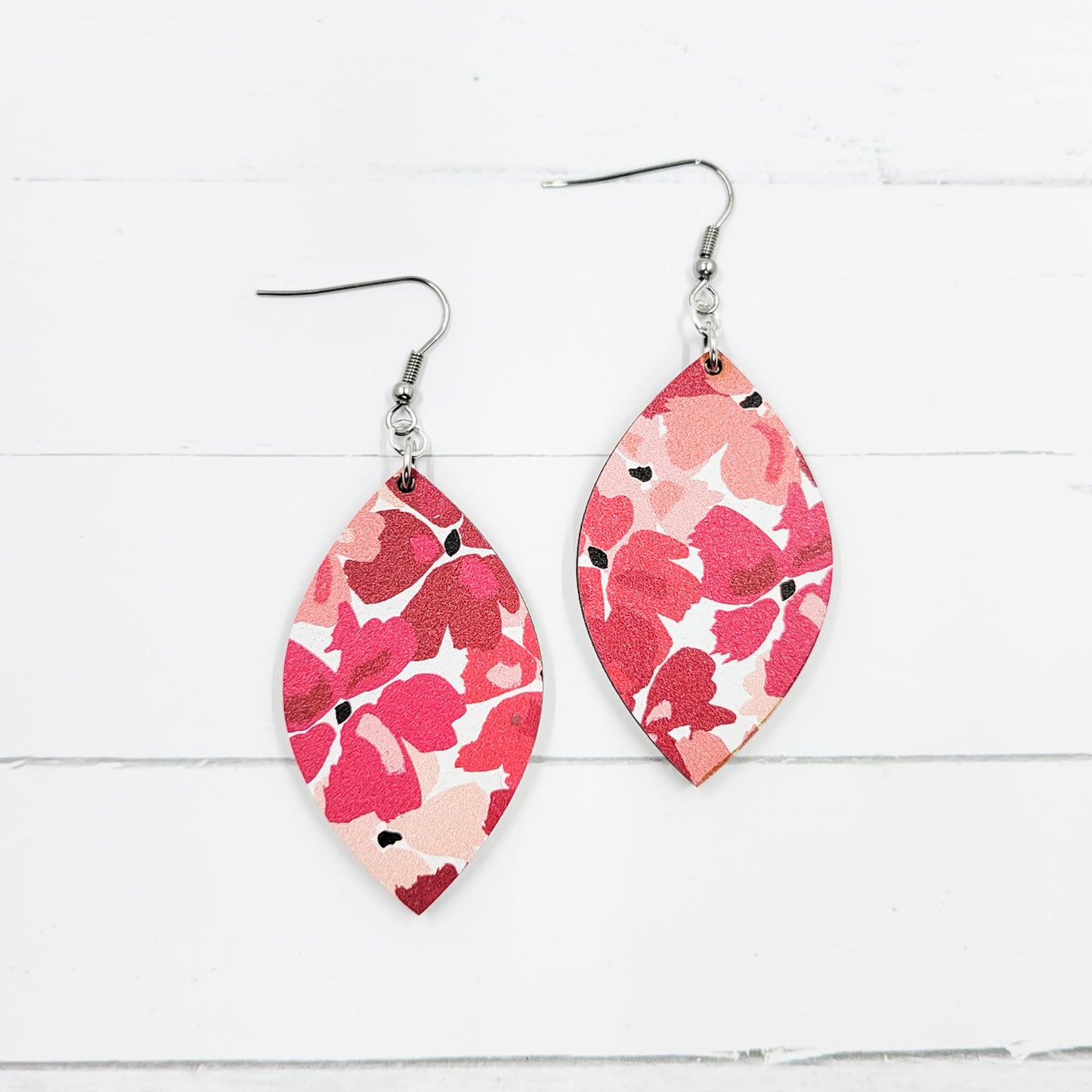 Pink Floral Pointed Petal Wooden Dangle Earrings