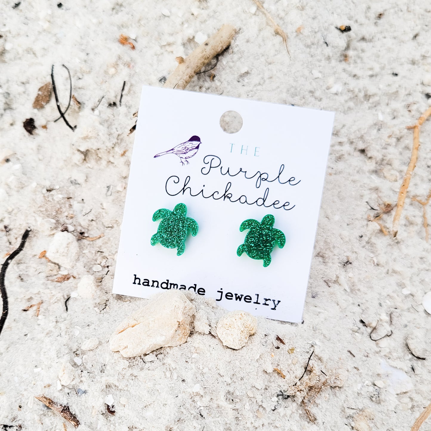 Green Glitter Sea Turtle Stud Earrings - Titanium Hypoallergenic