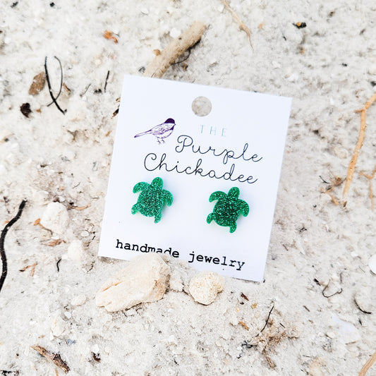Green Glitter Sea Turtle Stud Earrings - Titanium Hypoallergenic