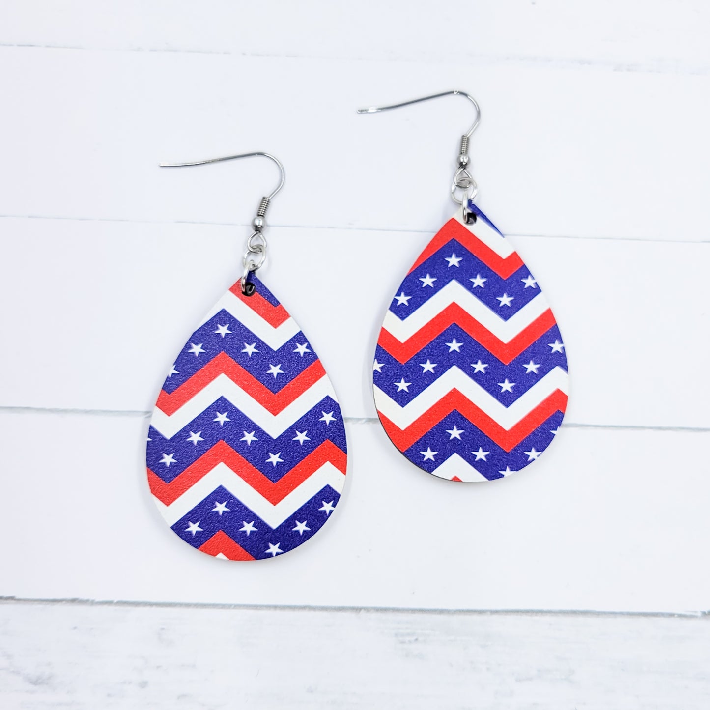 Patriotic Chevron Teardrop Wooden Dangle Earrings