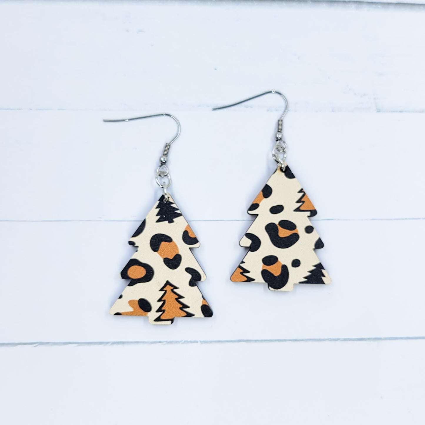 Leopard Print Christmas Tree Dangle Earrings