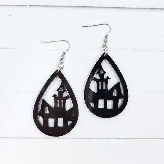 Haunted House Black Acrylic Teardrop Dangle Earrings