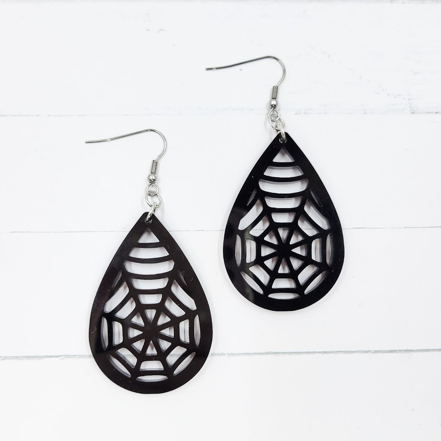 Spiderweb Black Acrylic Teardrop Dangle Earrings