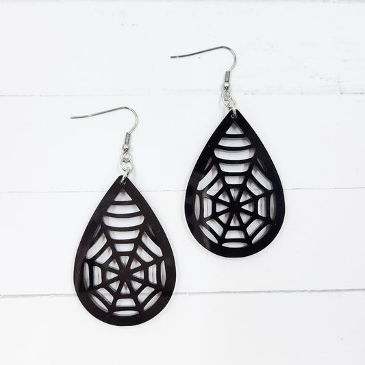 Spiderweb Black Acrylic Teardrop Dangle Earrings
