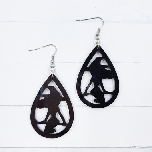 Broom Witch Black Acrylic Teardrop Dangle Earrings