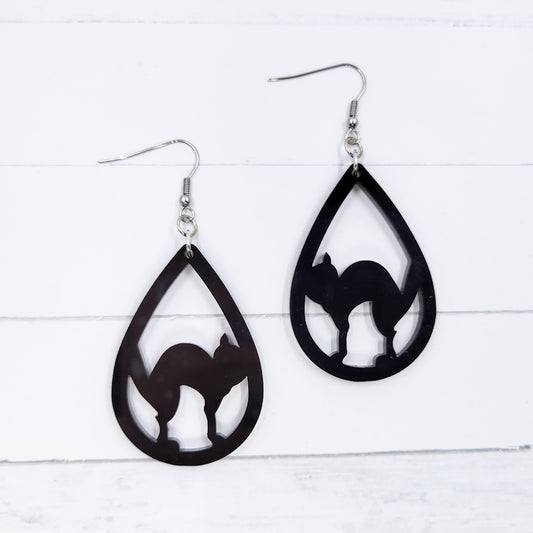 Halloween Cat Black Acrylic Teardrop Dangle Earrings