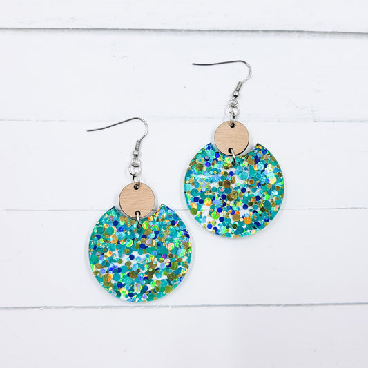 Blue Confetti Acrylic Semi Circle Dangle Earrings