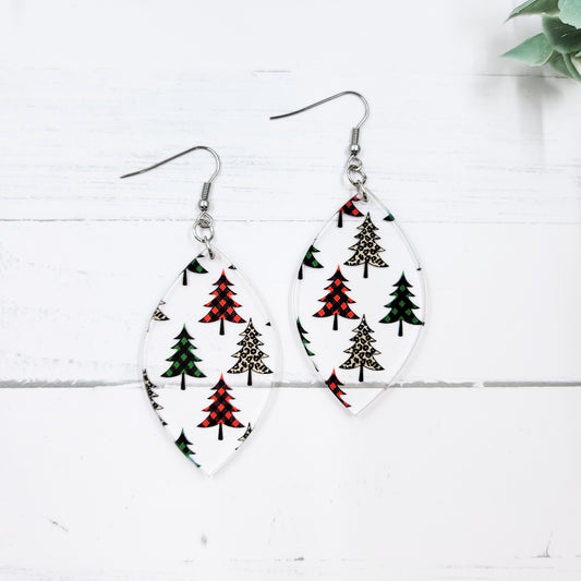 Plaid Trees Pointed Petal Acrylic Dangle Earrings