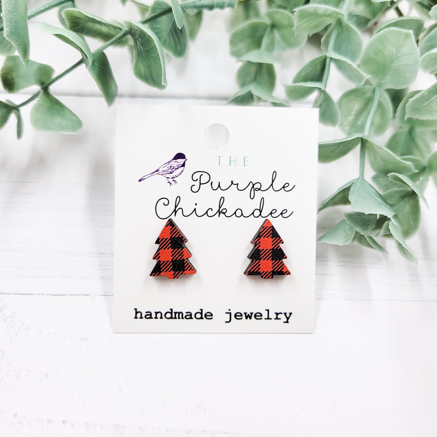 Red Plaid Tree Stud Earrings