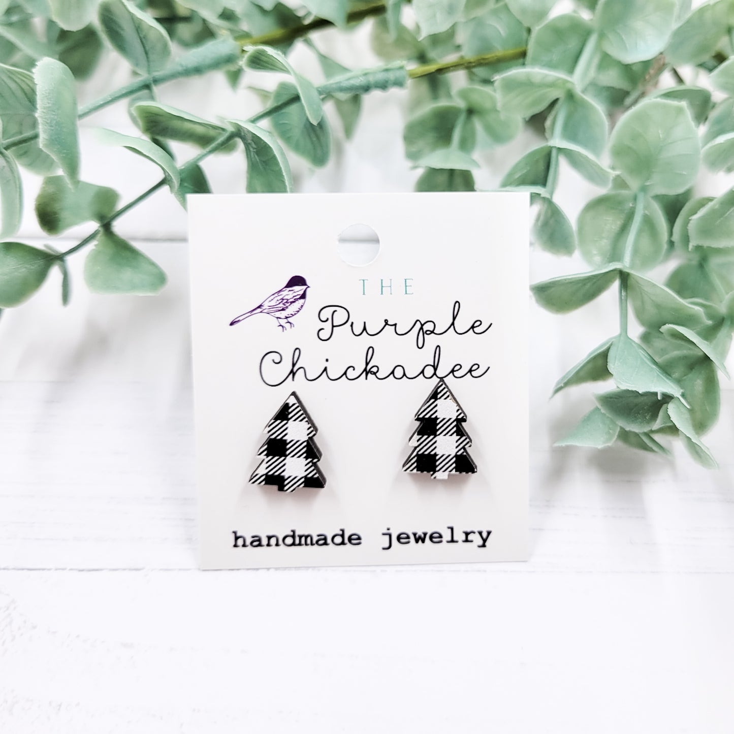 White Plaid Tree Stud Earrings