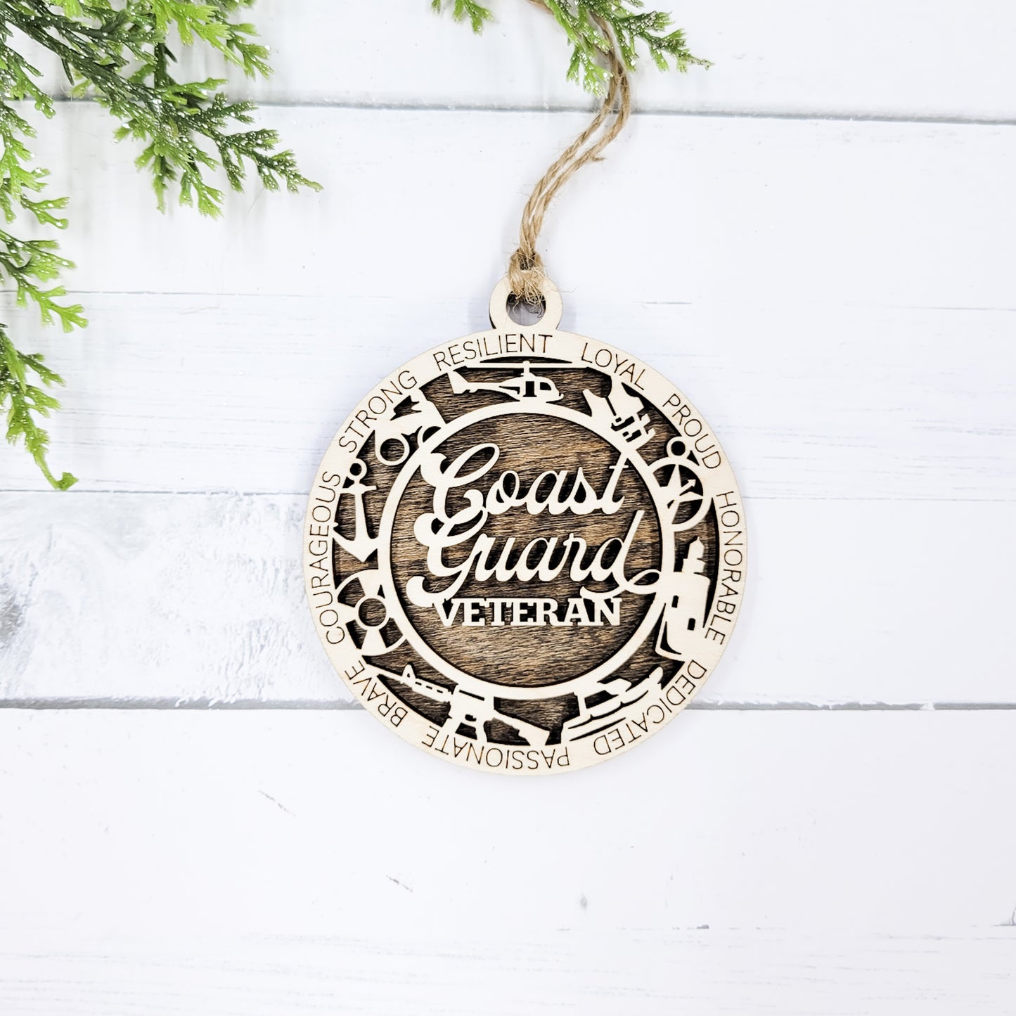 Coast Guard Veteran Round Wooden Ornament