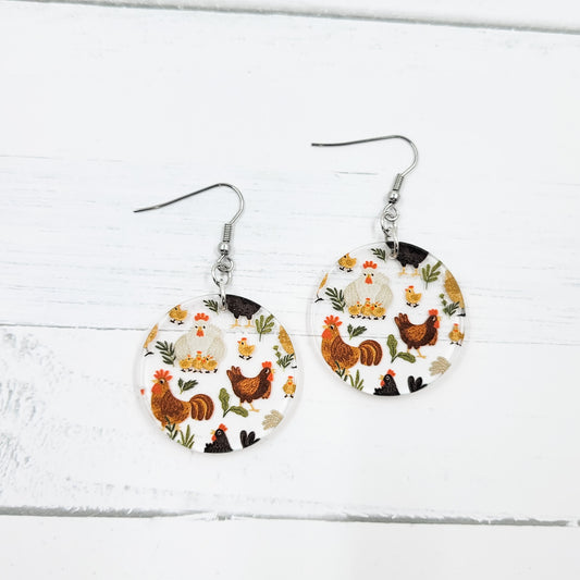 Chickens Circle Acrylic Dangle Earrings