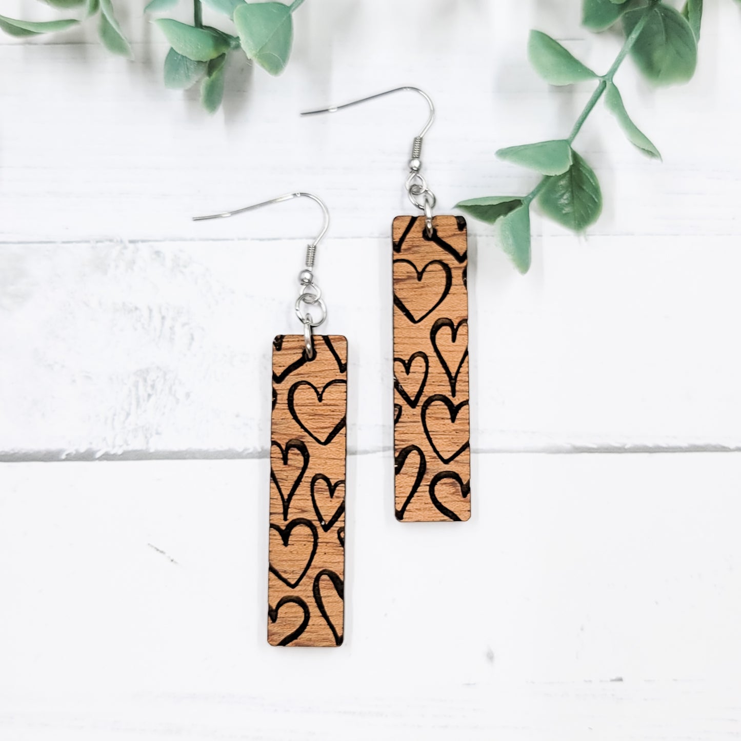 Outlined Hearts Bar Wooden Dangle Earrings