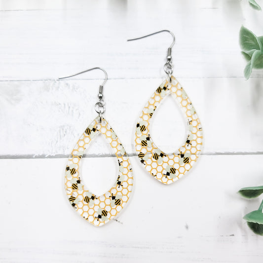 Honeycomb Open Pointed Teardrop Acrylic Teardrop Dangle Earrings