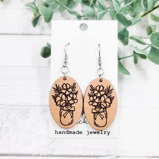 Engraved Flower Jar Oval Wooden Dangle Earrings