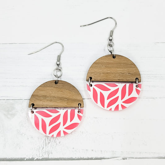 Pink Leaves Acrylic Split Circle Dangle Earrings