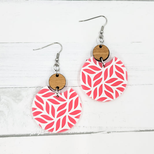 Pink Leaves Acrylic Semi Circle Dangle Earrings