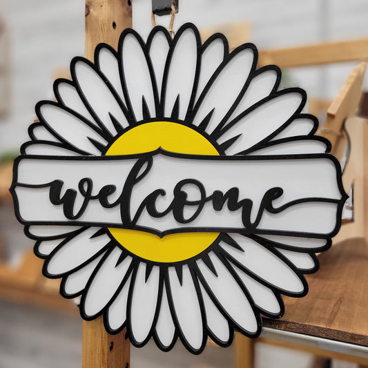 White Daisy Welcome Wooden Door Hanger