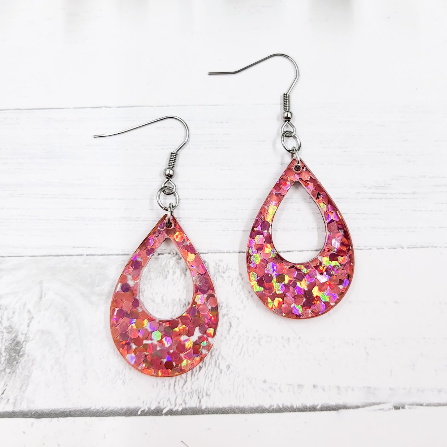 Pink Holographic Glitter Acrylic Open Teardrop Dangle Earrings