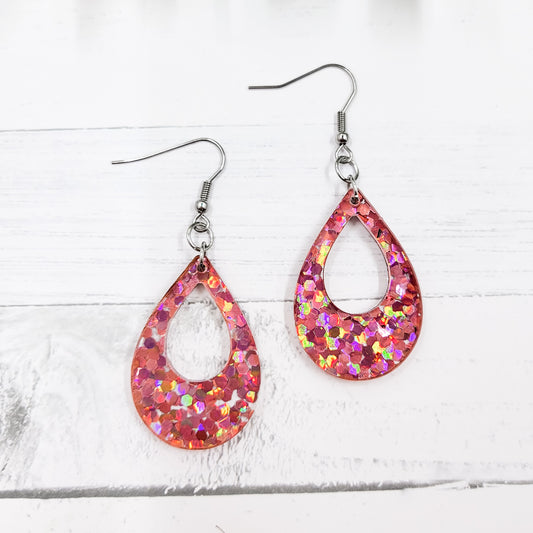 Pink Holographic Glitter Acrylic Open Teardrop Dangle Earrings