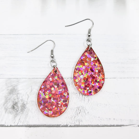 Pink Holographic Glitter Acrylic Teardrop Dangle Earrings