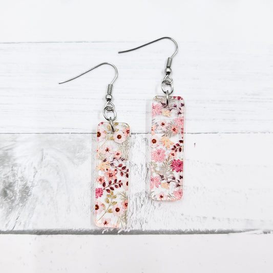 Dusty Pink Floral Acrylic Bar Dangle Earrings