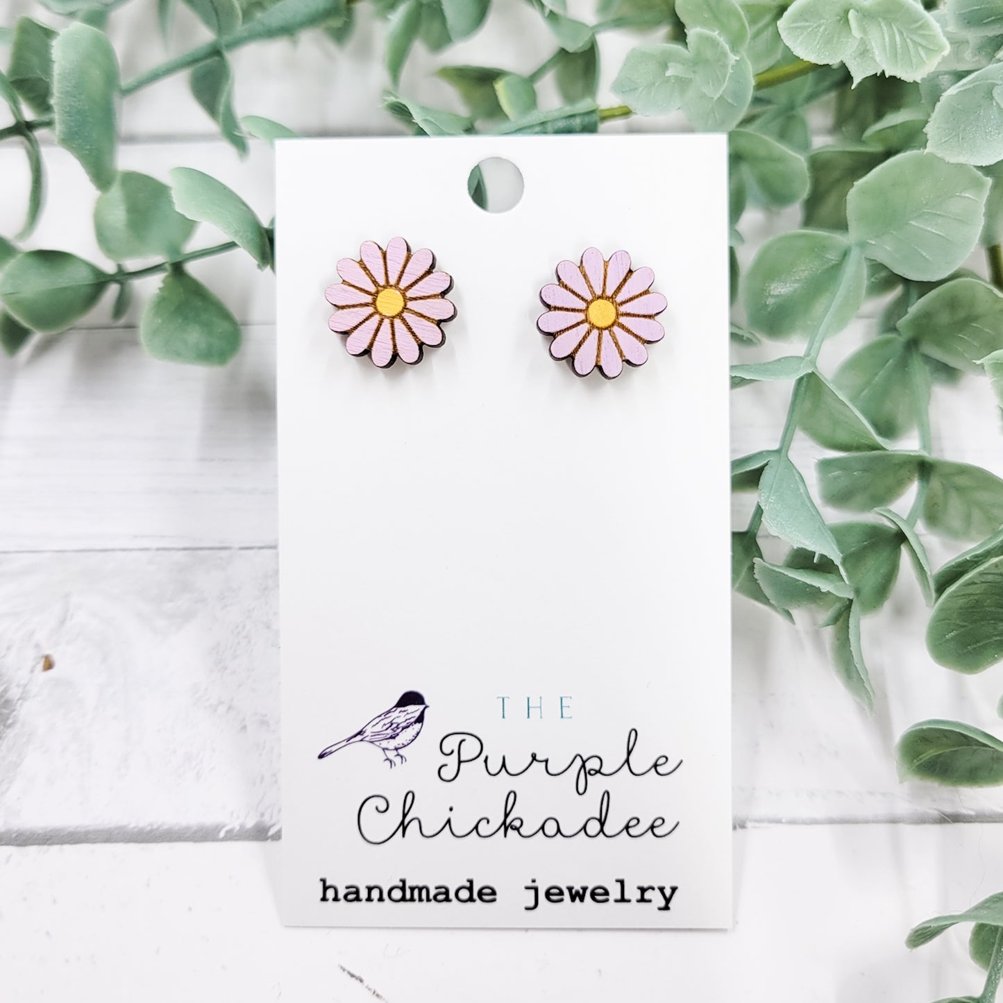 Lavender Daisy Handpainted Wooden Stud Earrings