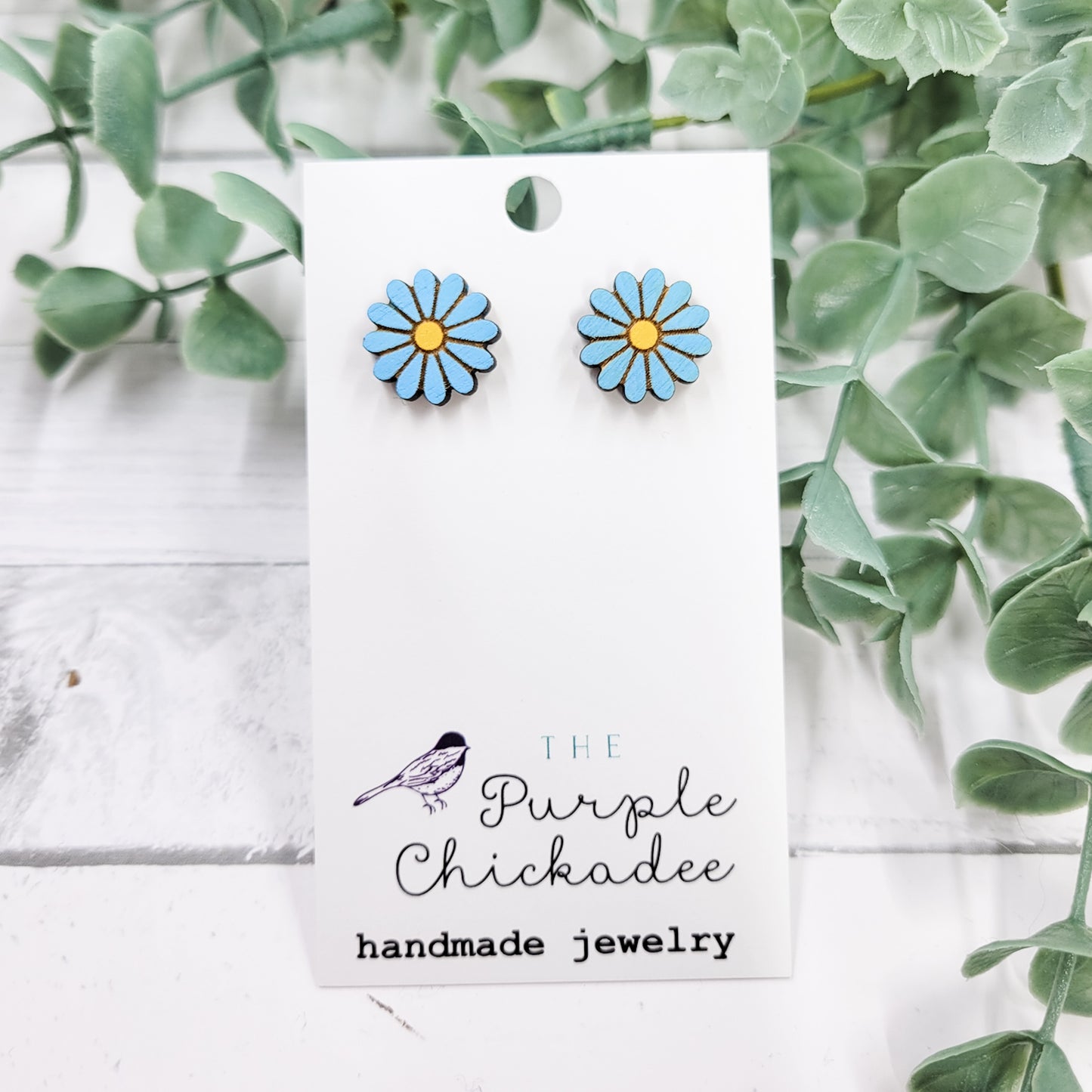 Blue Daisy Handpainted Wooden Stud Earrings