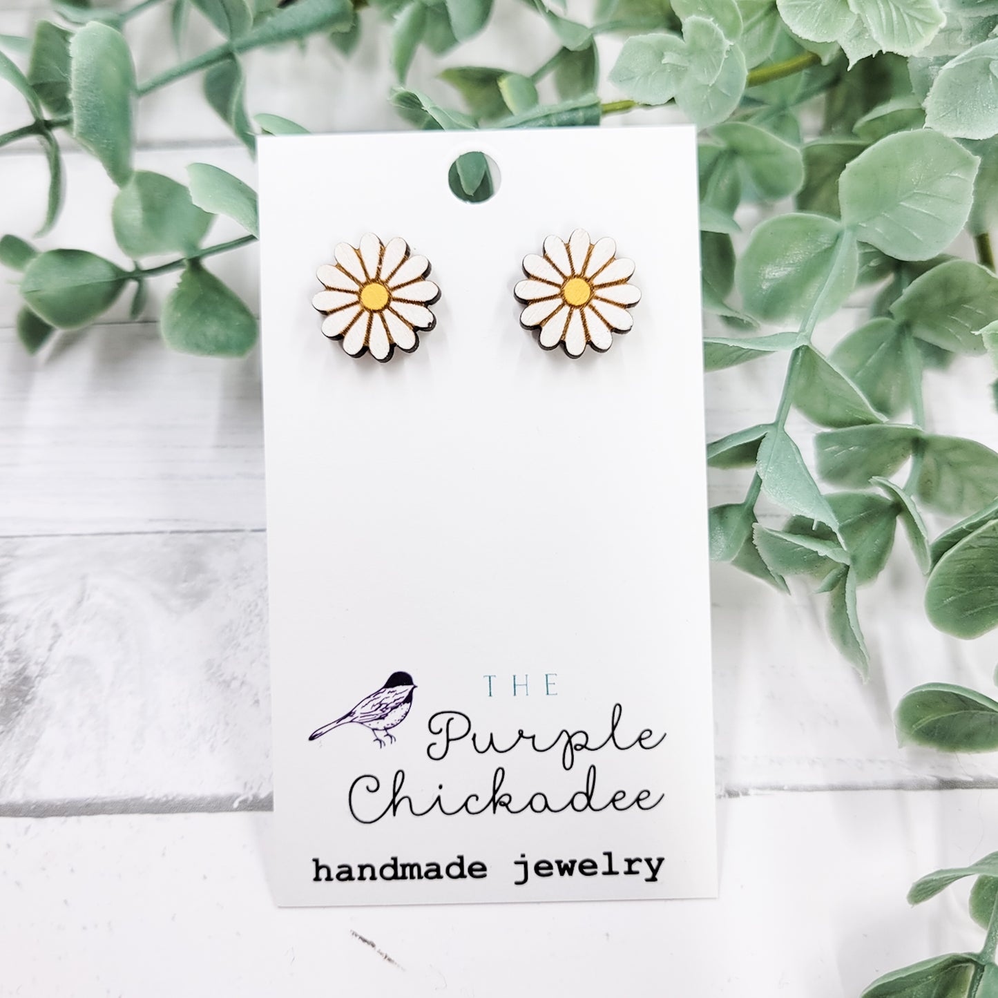 White Daisy Handpainted Wooden Stud Earrings