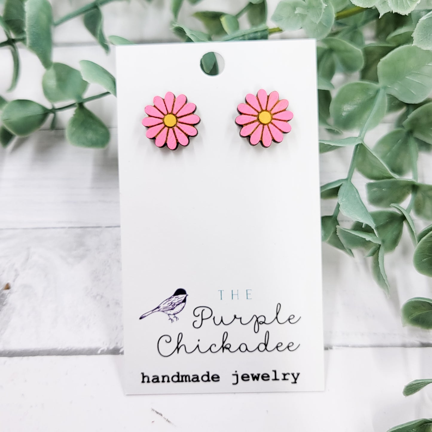 Hot Pink Daisy Handpainted Wooden Stud Earrings